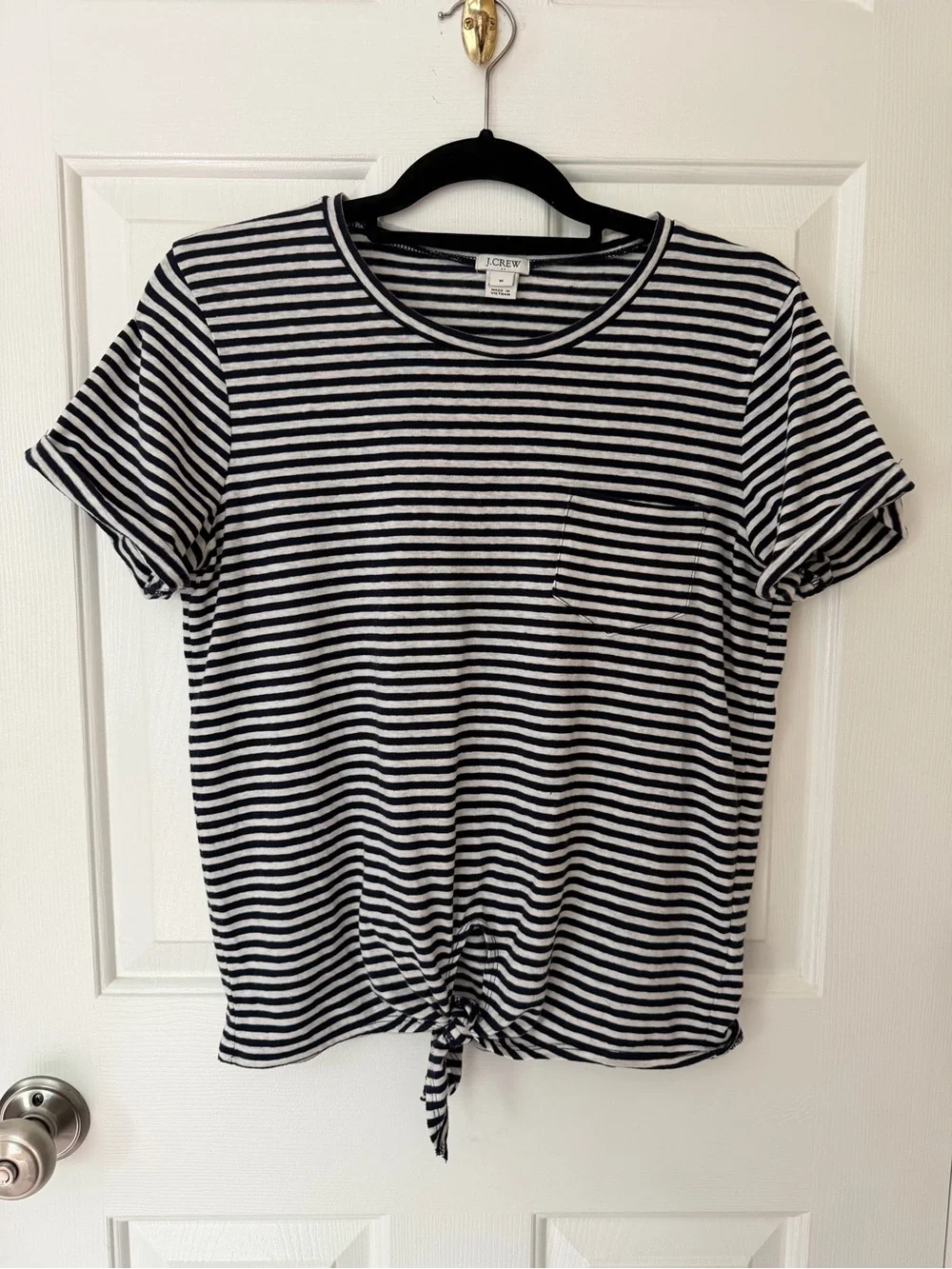 J. Crew Navy and White Striped Tie-Front Crewneck Tee